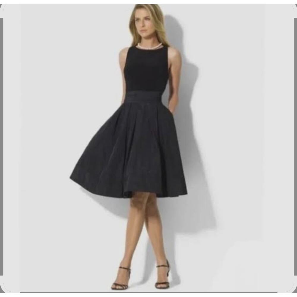 Lauren Ralph Lauren Black Velvet Pleated Taffeta Cocktail Dress Sash 6 Old Money
